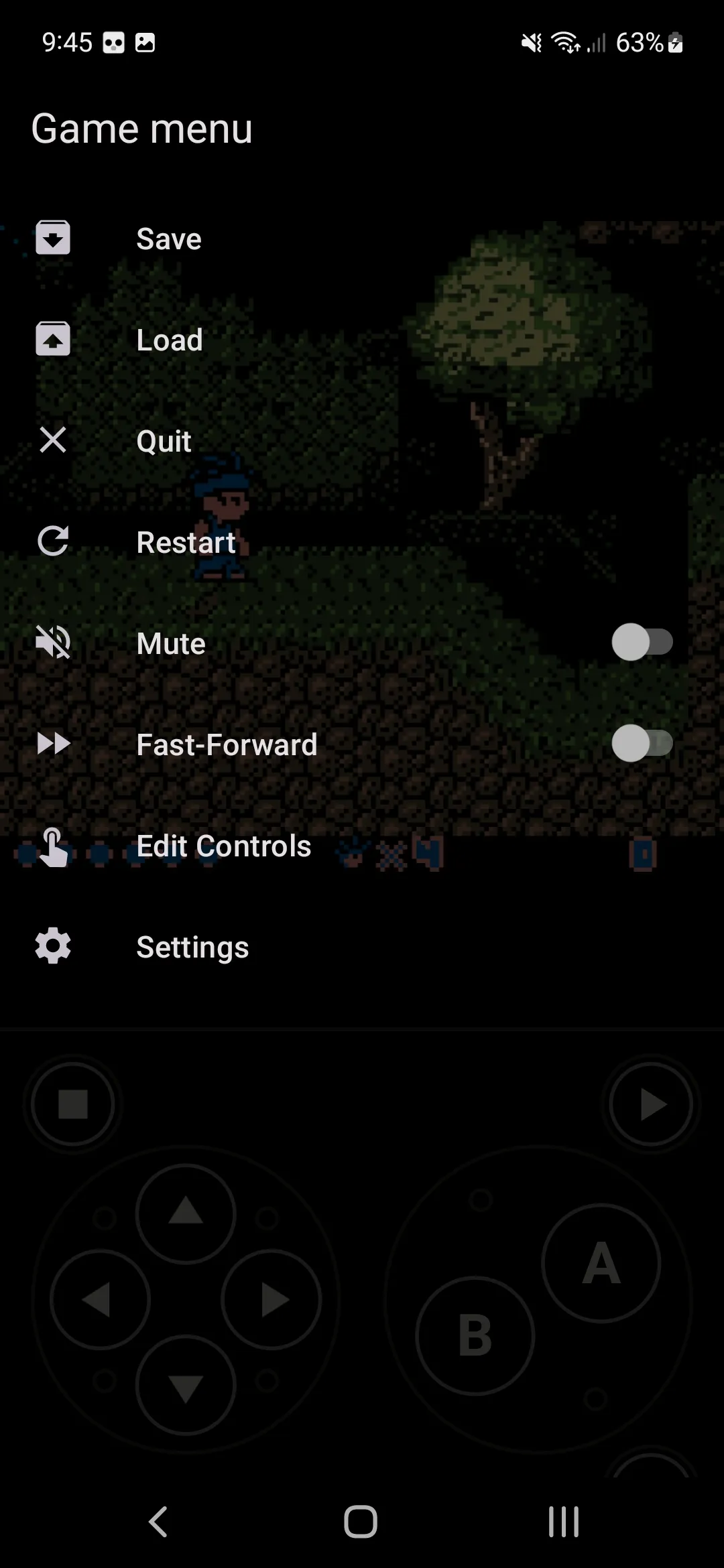 Lemuroid game menu with save, load, edit controls, and settings options